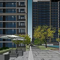 Modern Urban Commercial Complex with High Rise Buildings Central Plaza Green Spaces and Water Features