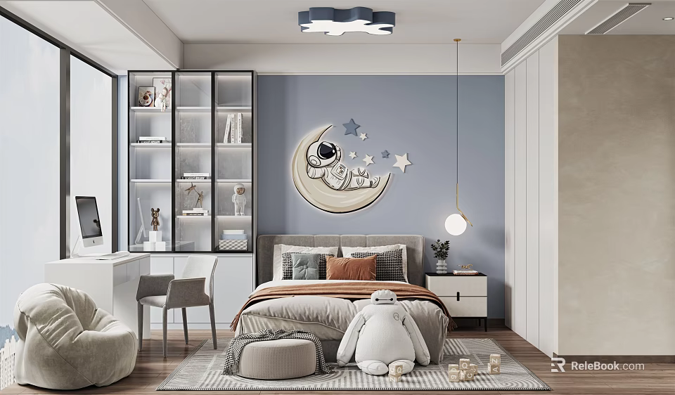 Kids Room With Blue Walls Moon Astronaut Decor Cloud Chandelier And Bed 3d model 