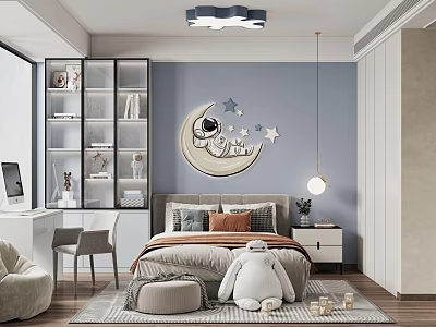 Kids Room With Blue Walls Moon Astronaut Decor Cloud Chandelier And Bed 3d model