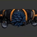 Futuristic Character With Blue Hair In Black And Orange Armored Suit Standing Pose
