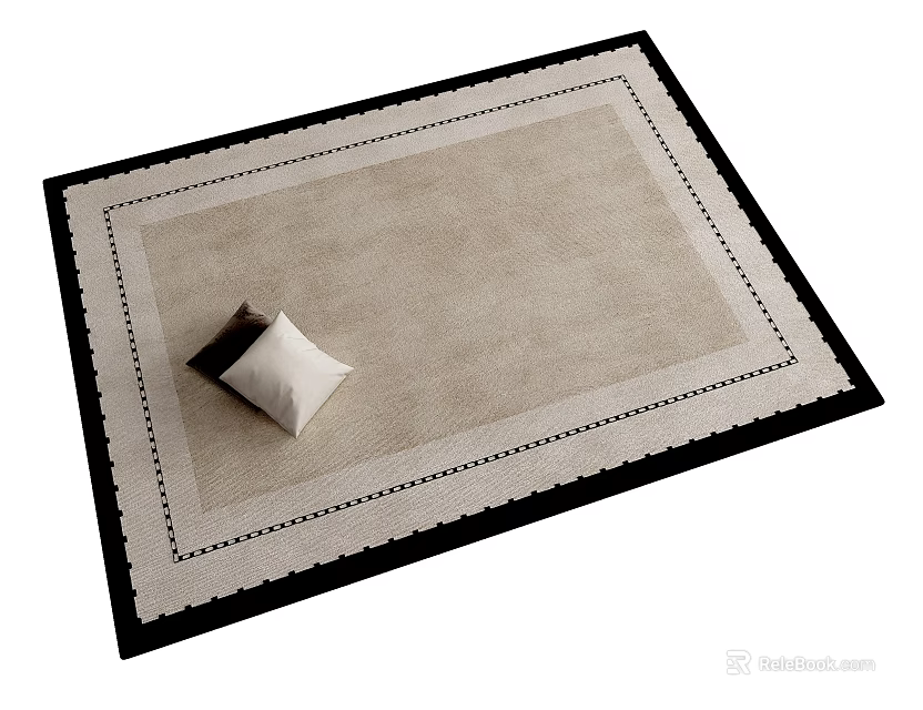 Stylish Square Carpet With Beige Main Surface Black White Decorative Edges And Small Square Pillow 3d model 