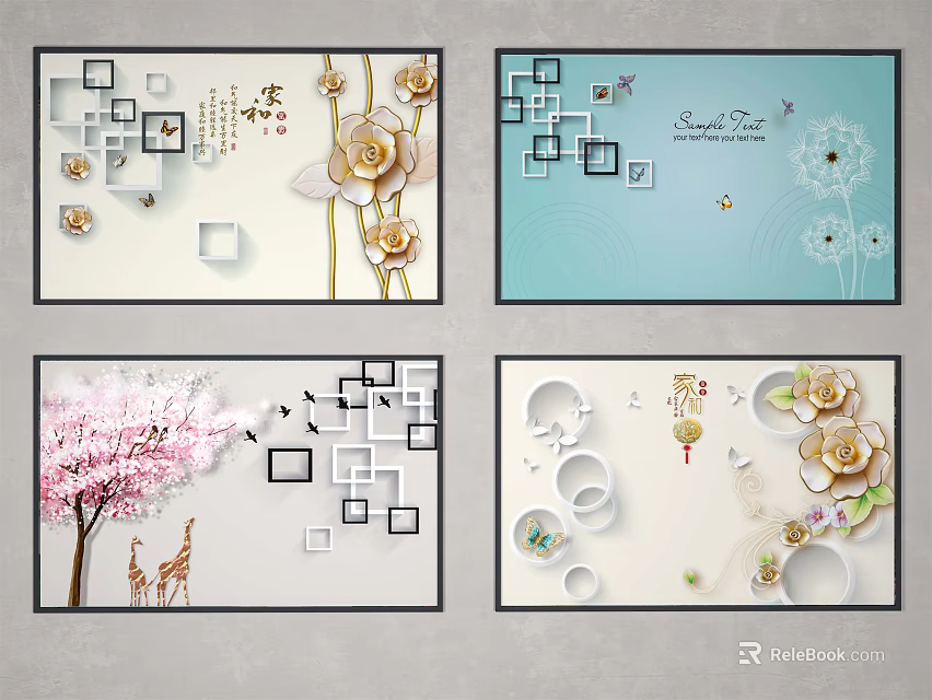 Creative Plant Paintings With Geometric Patterns Golden Flowers And Decorative Elements 3d model