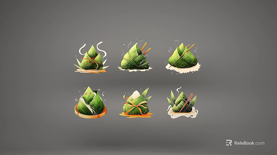 Different Styles of Traditional Zongzi with Green Leaves Ribbons Chopsticks and Steam 3d model 