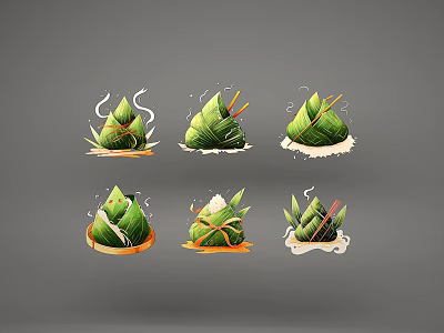 Different Styles of Traditional Zongzi with Green Leaves Ribbons Chopsticks and Steam 3d model