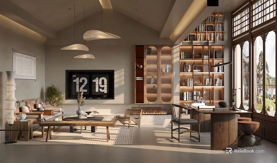 Modern Hotel Lobby Interior With Pendant Lights Built in Bookshelves Wooden Furniture And Sofa Area 3d model 