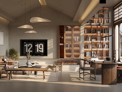 Modern Hotel Lobby Interior With Pendant Lights Built in Bookshelves Wooden Furniture And Sofa Area 3d model