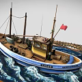 Sailing Boat with Blue Hull and Yellow Cabin Flying Red Flag on Wavy Sea