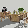 Rustic Wooden Outdoor Table With Rattan Chairs Candle Holders Fruit Bowls And Side Drink Station