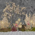 Elegant Floral Vase Arrangement With Flamingo Figurines Decorative Balls And Stone Wall