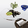 Hippo Shaped Legs Coffee Table With Glass Top Plant Vase And Green Fruits Bowl