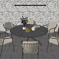 Outdoor Patio Round Table With Woven Chairs Brick Wall Table Lamp And Greenery