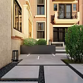 Modern Courtyard Garden Design With Stone Tiles Lush Green Plants Outdoor Seating And Fire Pit