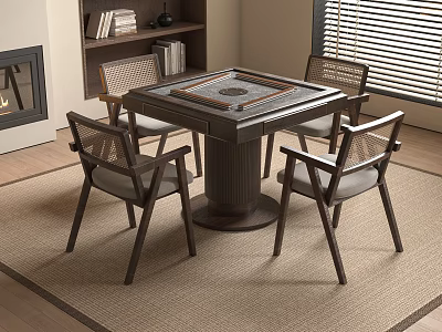 Square Wooden Entertainment Table With Woven Chairs In Modern Living Room Setting 3d model