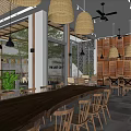 Modern Café Interior with Wooden Counter Black Bar Stools Green Plants Pendant Lights Patterned Floor
