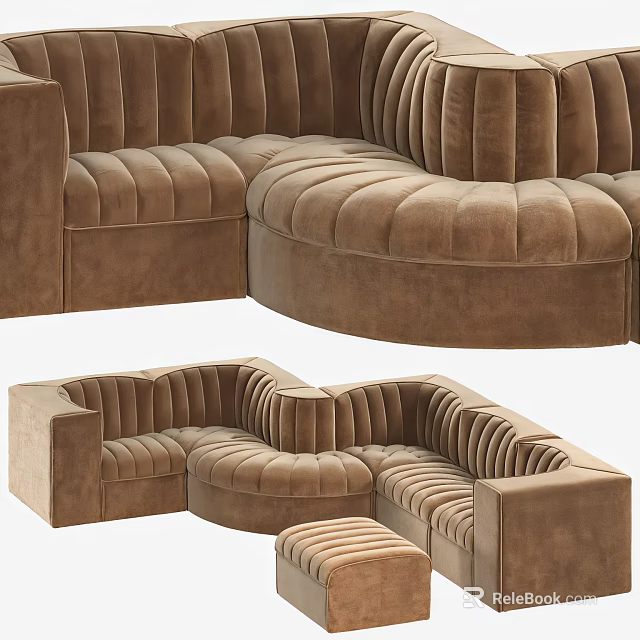 Brown Curved Leisure Sofa Set With Velvet Upholstery And Comfortable Seating 3d model 