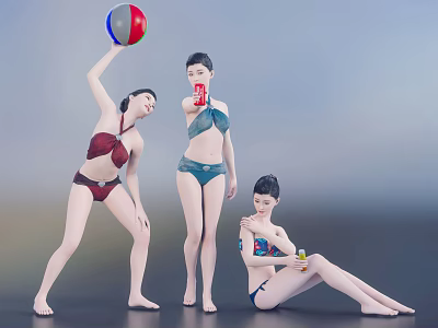 Women in Bikinis Holding Colorful Ball Red Drink and Sitting with Yellow Beverage 3d model