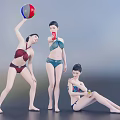 Women in Bikinis Holding Colorful Ball Red Drink and Sitting with Yellow Beverage