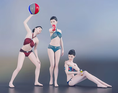 Women in Bikinis Holding Colorful Ball Red Drink and Sitting with Yellow Beverage 3d model