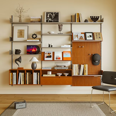Modern Wall Mounted Bookshelf With Books Decorative Items Framed Photos And Hanging Board 3d model