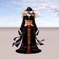 Model Wearing Elegant Black And Gold Long Dress With Rose Decorations And Black Hat