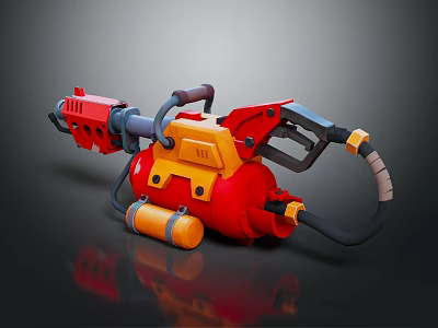 Vibrant Red And Yellow Mechanical Weapon 3D Model With Heavy Duty Pipes And Tank 3d model
