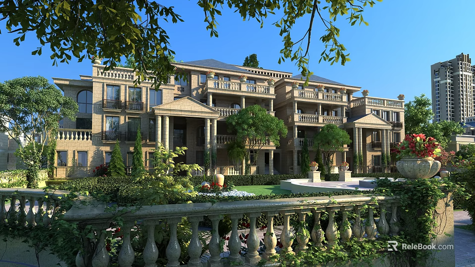 Classic Townhouse Exterior Design With Balconies Lush Greenery And Garden Railing 3d model 