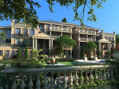 Classic Townhouse Exterior Design With Balconies Lush Greenery And Garden Railing 3d model