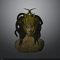 Mythical Character Head With Snake Like Hair Golden Crown And Yellow Eyes Green Texture