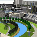 Modern Urban Plaza Design With Curved Water Feature Green Lawns Neatly Arranged Trees And Buildings