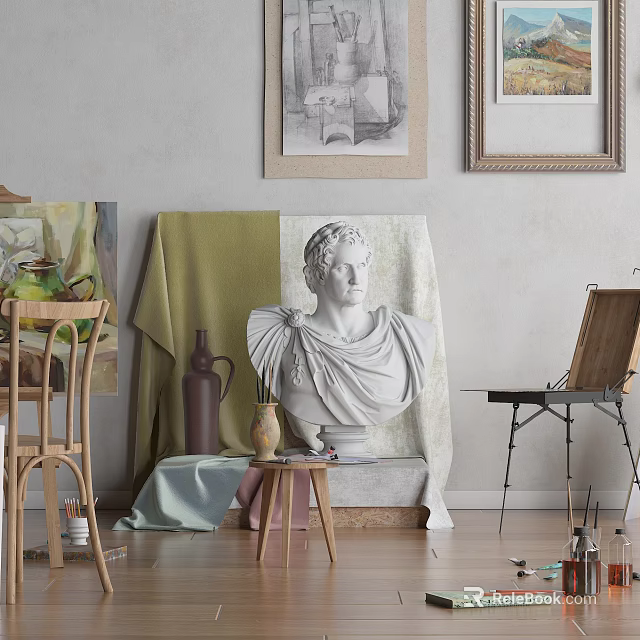 Musical Instruments and Art Supplies in Creative Studio with Easel Canvas Sculpture Bust and Paint 3d model 