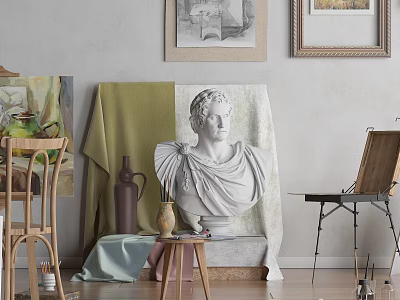 Musical Instruments and Art Supplies in Creative Studio with Easel Canvas Sculpture Bust and Paint 3d model