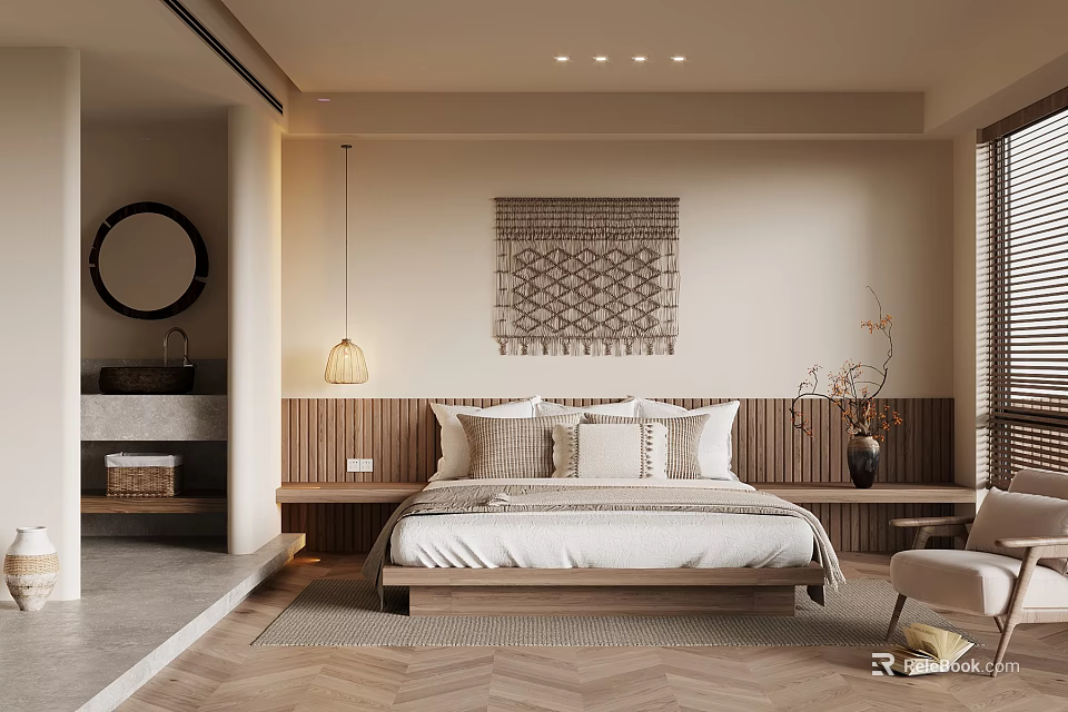 Hotel Guest Room With Minimalist Design Woven Tapestry Round Mirror Wooden Headboard And Herringbone Flooring 3d model 