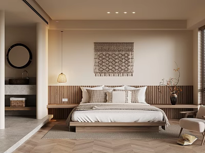 Hotel Guest Room With Minimalist Design Woven Tapestry Round Mirror Wooden Headboard And Herringbone Flooring 3d model