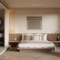 Hotel Guest Room With Minimalist Design Woven Tapestry Round Mirror Wooden Headboard And Herringbone Flooring