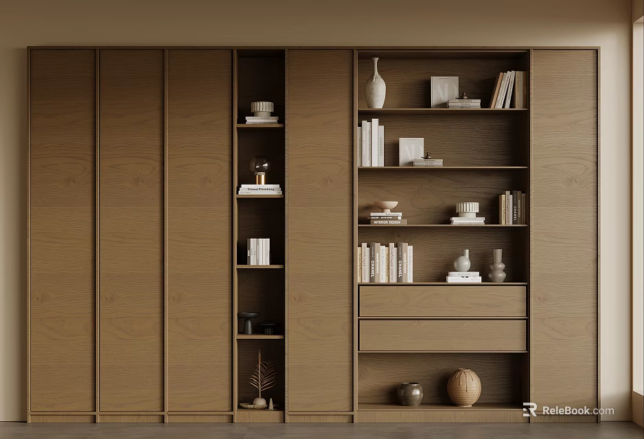 Modern Wooden Bookcase Design With Stacked Books Decorative Vases And Storage Drawers 3d model 
