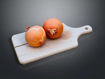 White Wooden Cutting Board With Two Fresh Onions On Dark Background 3d model
