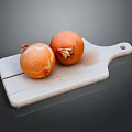 White Wooden Cutting Board With Two Fresh Onions On Dark Background