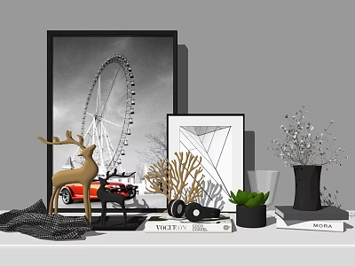 Decorative Ornament Set With Deer Figurine Car Model Photo Frames Coral Decor And Small Plant 3d model