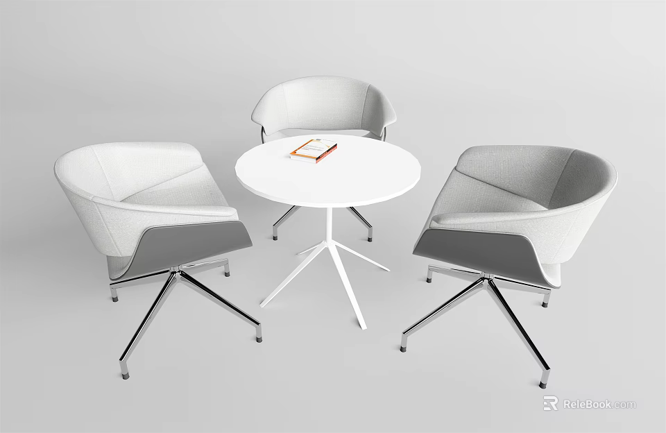 Modern Round White Table with Three Gray Chairs Metal Legs and Notebook 3d model