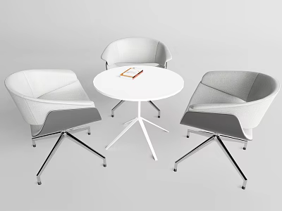 Modern Round White Table with Three Gray Chairs Metal Legs and Notebook 3d model