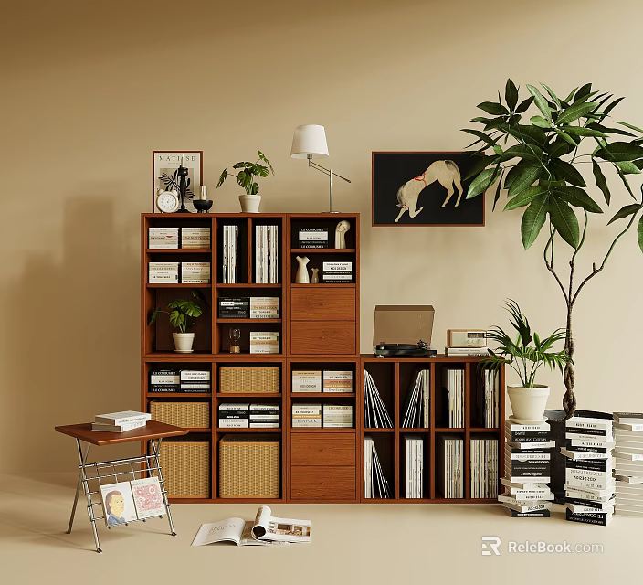 Wooden Bookshelf With Books Storage Compartments Table Lamp Wall Art And Potted Plants 3d model 