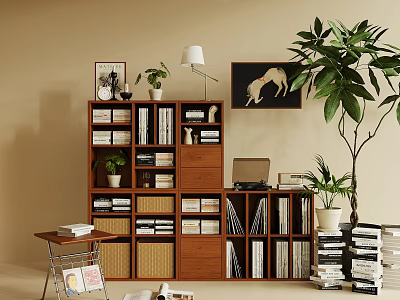 Wooden Bookshelf With Books Storage Compartments Table Lamp Wall Art And Potted Plants 3d model