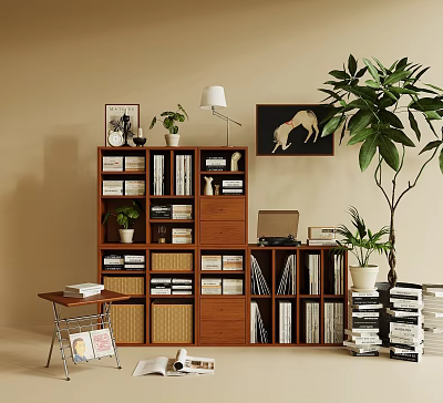 Wooden Bookshelf With Books Storage Compartments Table Lamp Wall Art And Potted Plants 3d model