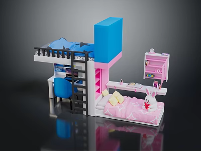 Kids Bedroom Furniture Set With Bunk Bed Pink Blue Design Desk Chair Bookshelf Rabbit Toy 3d model