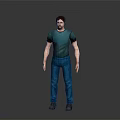 A Man Wearing Green T-shirt Blue Jeans And Gray Shoes On Gray Background