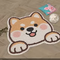 Cute Shiba Inu Shaped Rug With Brown White Pink Design On Wooden Floor