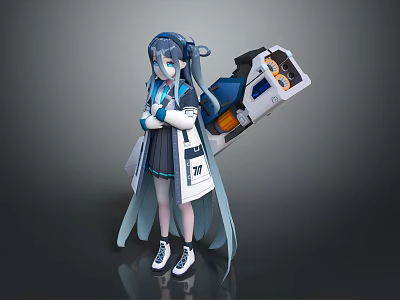 Futuristic Game Character Design With Blue Gray Long Hair School Uniform And Large Mechanical Backpack 3d model