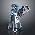 Futuristic Game Character Design With Blue Gray Long Hair School Uniform And Large Mechanical Backpack