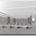 Modern Conference Room Interior With Neatly Arranged Tables Chairs Wooden Walls And Ceiling Light Strips
