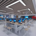 Modern Public Office Space With Multiple Workstations Computers Ergonomic Chairs And Ceiling Lights 3d model
